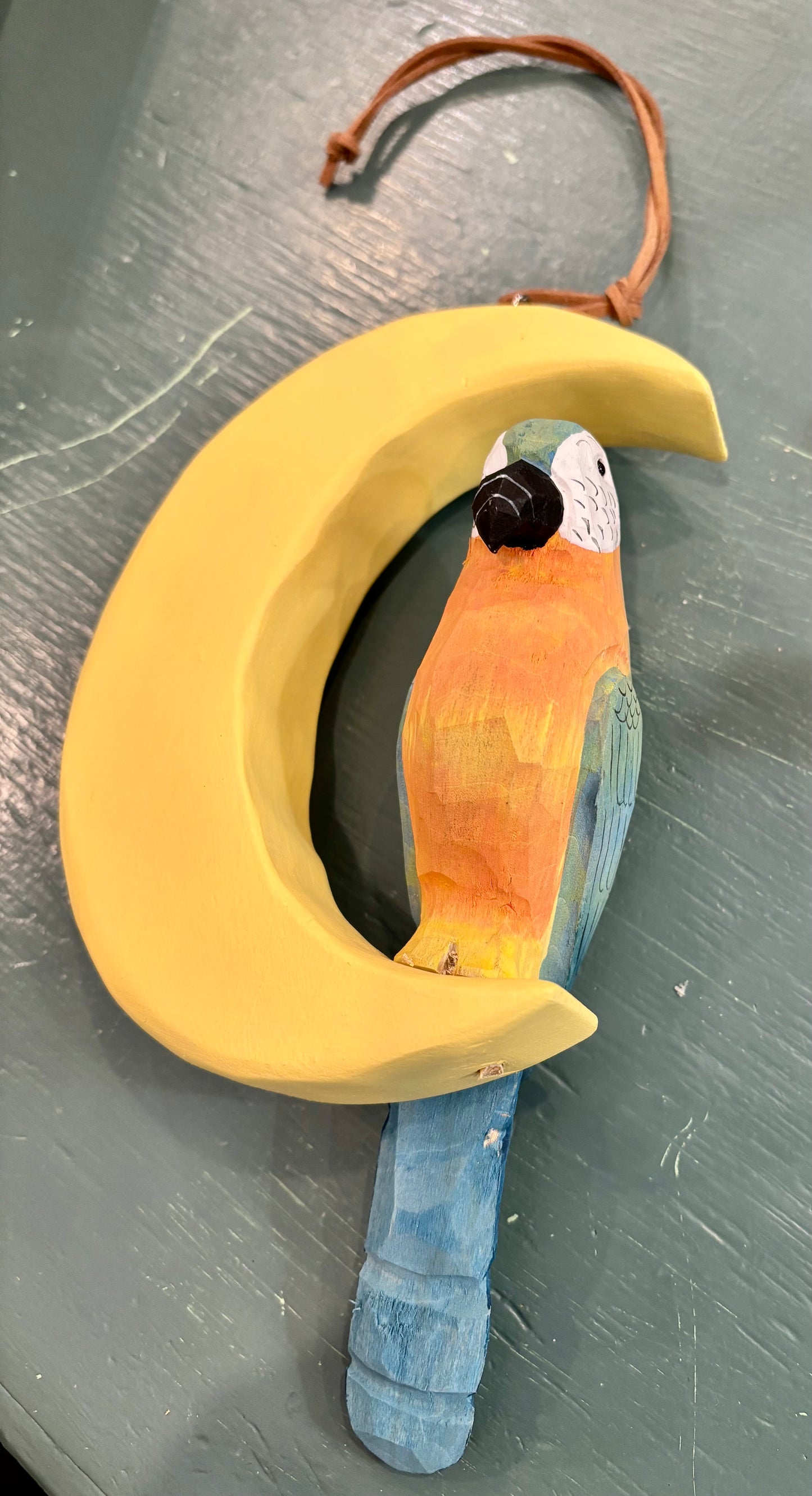 Hand-carved Basswood Parrrot on Yellow Moon