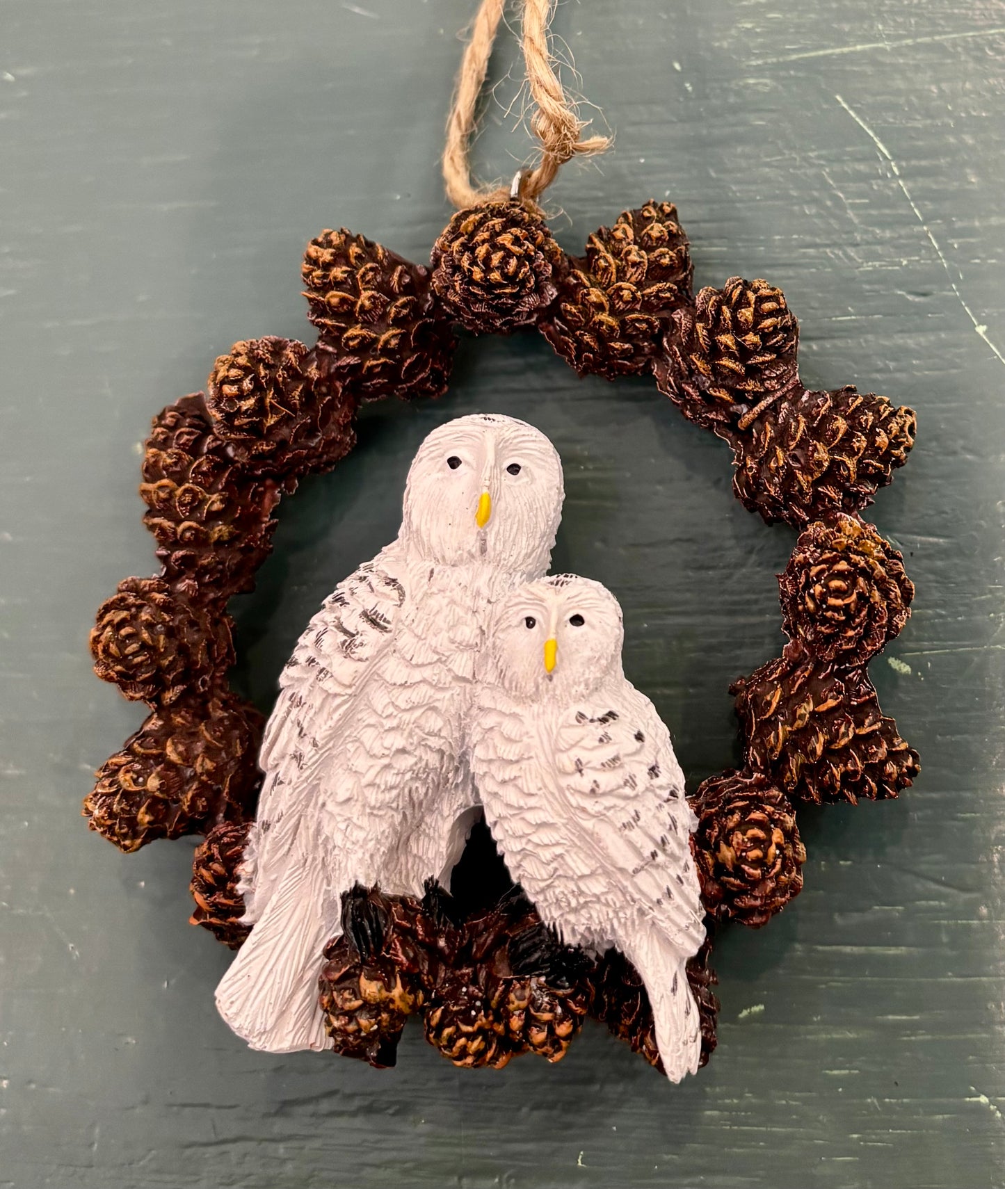 Snowy Owls on Pinecone Wreath Ornament