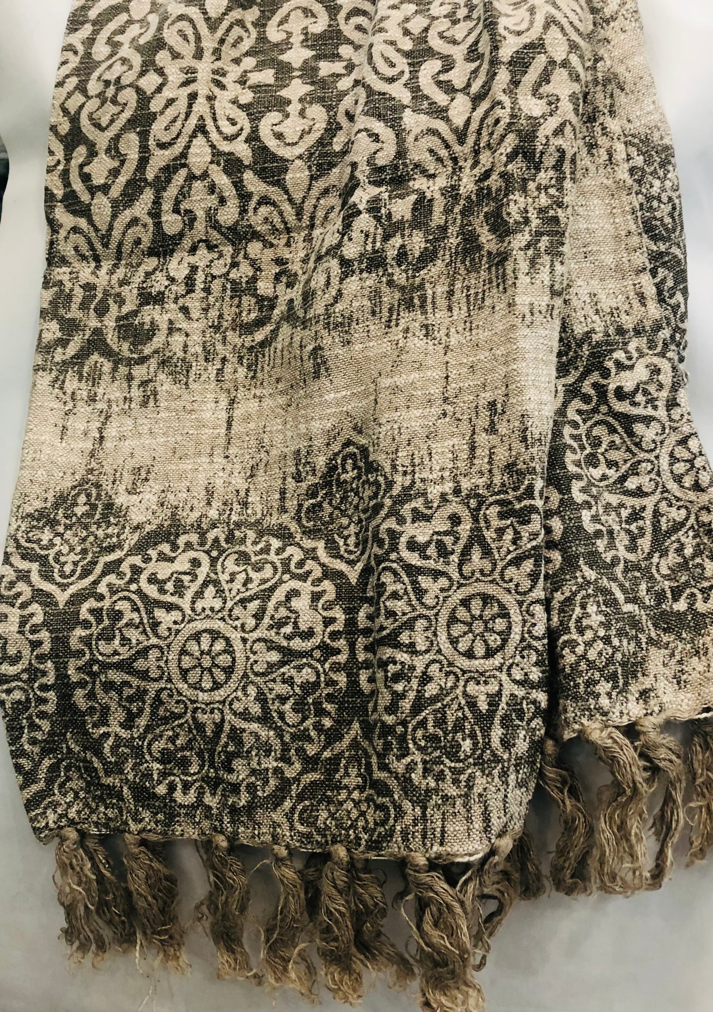 Throw, Vintage Style Printed Linen with Fringe, Soft Gray