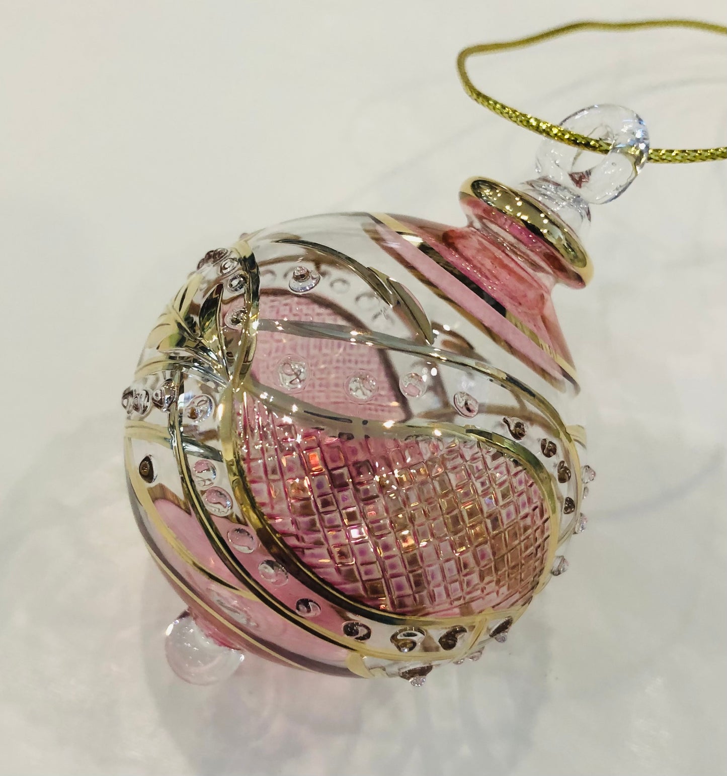 Blown Glass Ornament with Gold Garland and Pink
