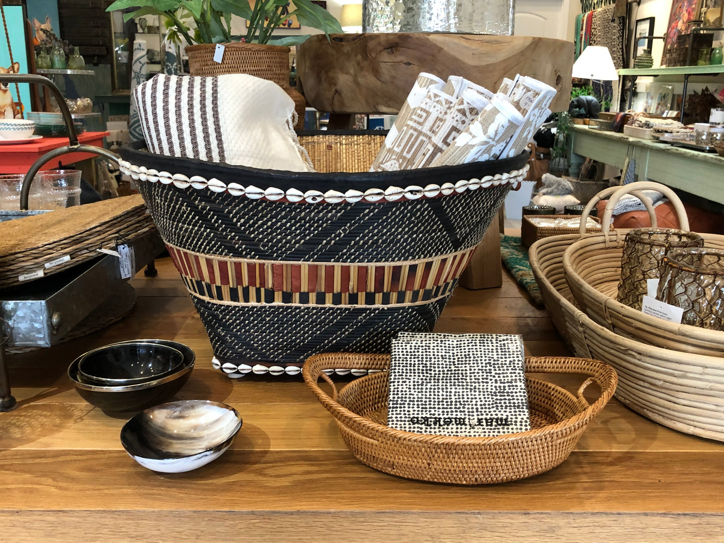 Large Mossi Basket with Cowrie Shells and Leather Decoration