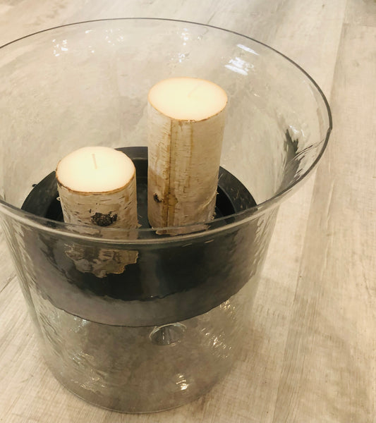 Candle Cylinder w/Pan, Hammered Glass