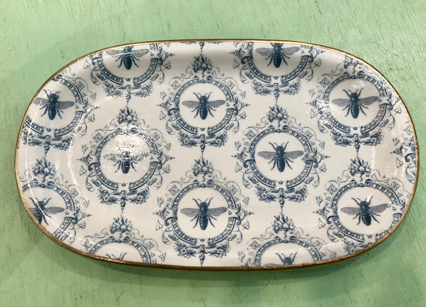 Ceramic Jewelry Tray, Blue Vintage Bee Motif