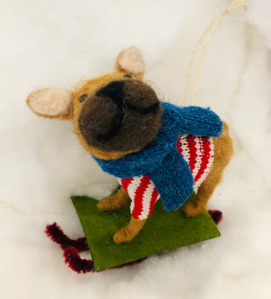 Brown Felted Dog Ornament with Sled