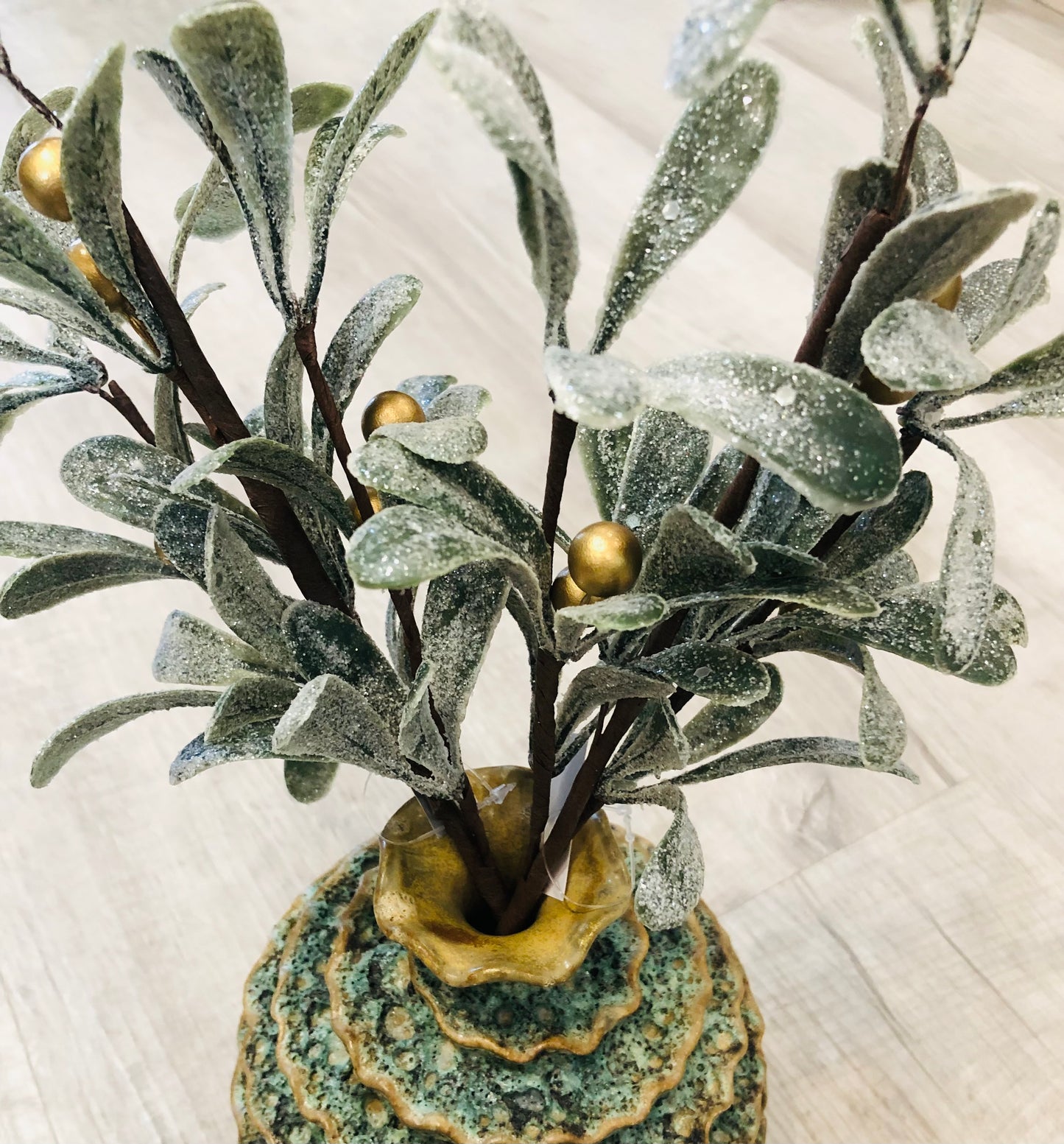 Frosted Faux Mistletoe Branch w/Gold Berries