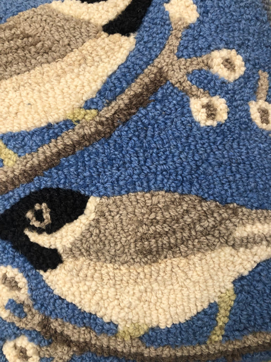 Chickadees in the Bush Pillow, Hand-hooked Wool