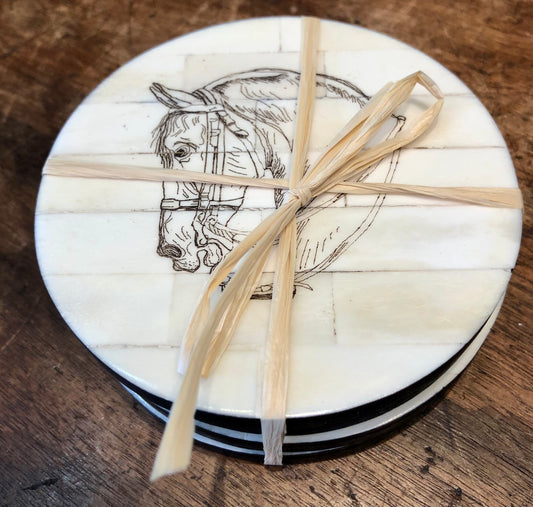 Horse Head Scrimshaw Bone Coasters/Set of 4