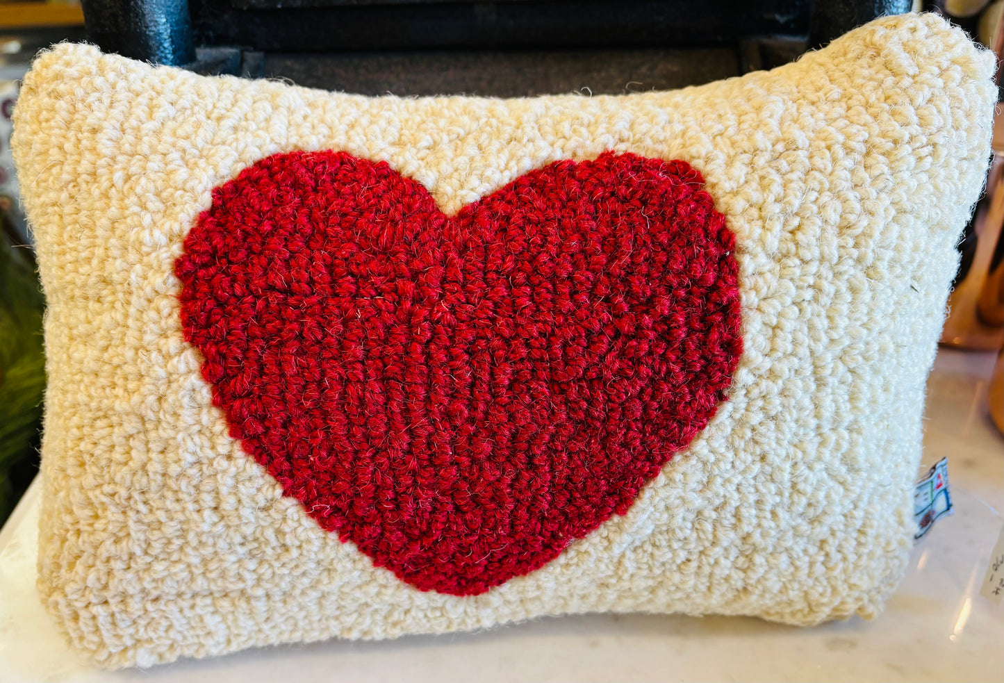 Red Heart Pillow, Hand-hooked Wool