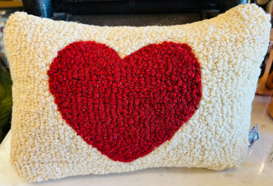 Red Heart Pillow, Hand-hooked Wool