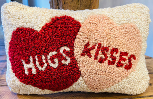 Hugs and Kisses Pillow, Hand-hooked Wool