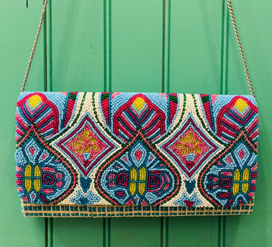 Clutch with Beaded Flap and Shoulder Chain