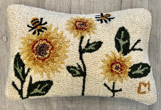 Sunflower and Bees Pillow, Hand-hooked Wool