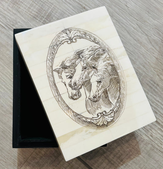 Three Horse Head Scrimshaw Bone Box