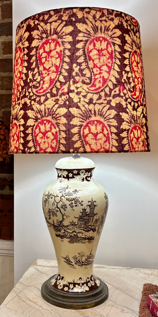 Vintage Ceramic Lamp with Brown Chinoiserie Scene and Paisley Shade