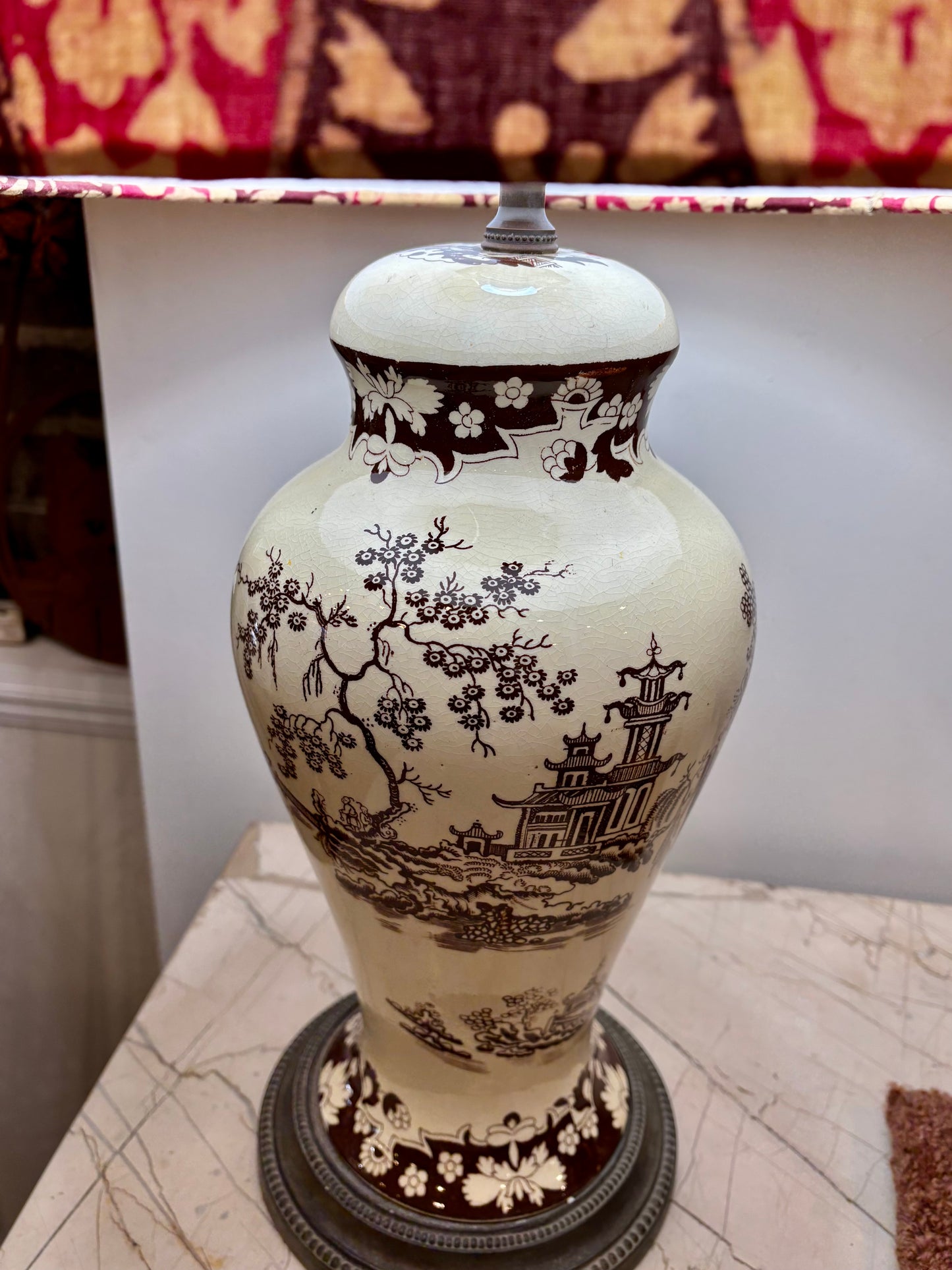 Vintage Ceramic Lamp with Brown Chinoiserie Scene and Paisley Shade