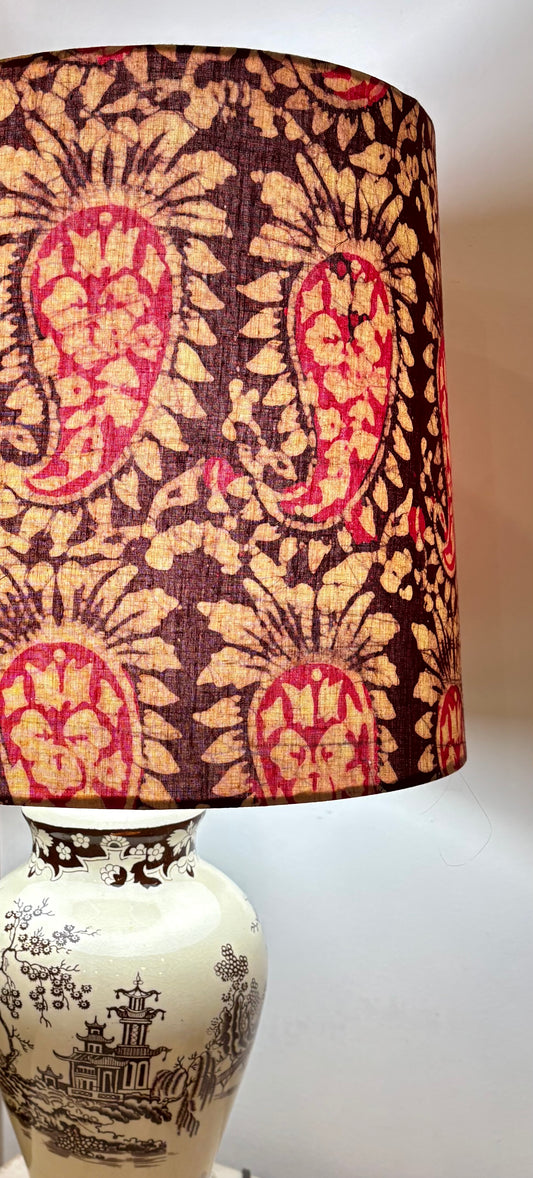Vintage Ceramic Lamp with Brown Chinoiserie Scene and Paisley Shade