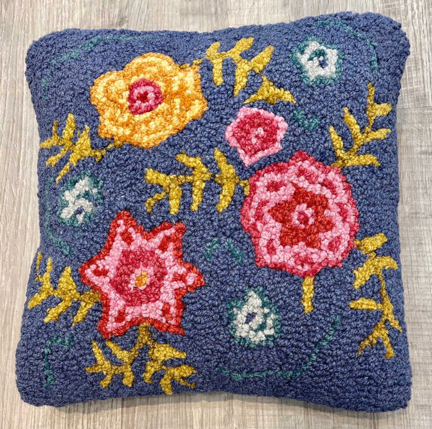 Spring Flower Pillow, Hand-hooked Wool; 14" x 14"