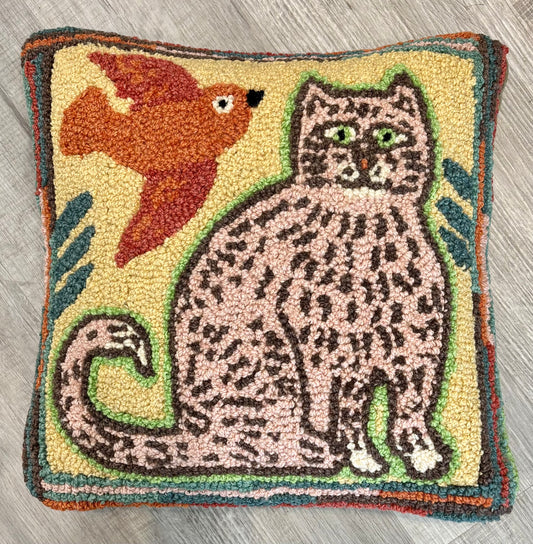 Tabby Cat Pillow, Hand-hooked Wool