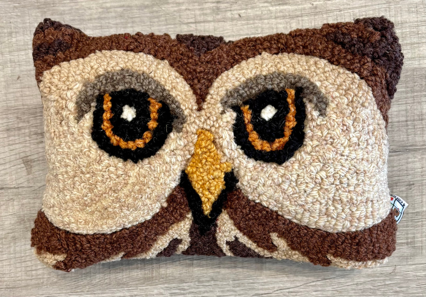 Owl Face Pillow, Hand-hooked Wool