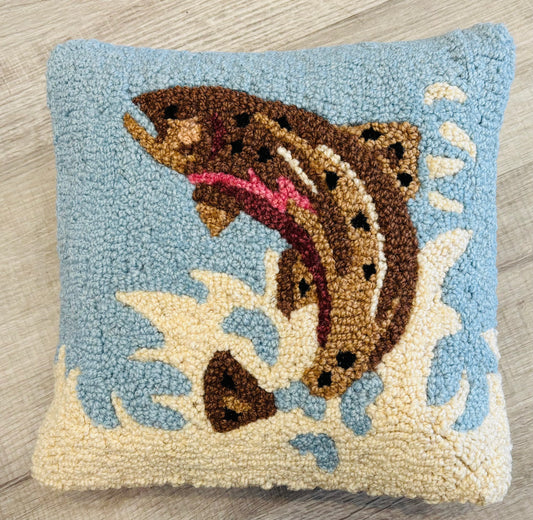Leaping Trout Pillow, Hand-hooked Wool