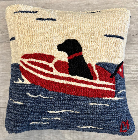 Seadog Pillow, Hand-hooked Wool