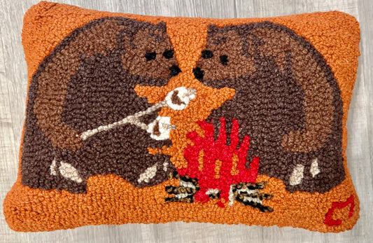 Camping Bears Pillow, Hand-hooked Wool