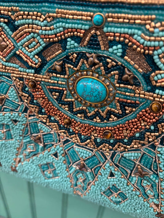 "New Day" Beaded Leather Mosaic Crossbody Clutch Handbag