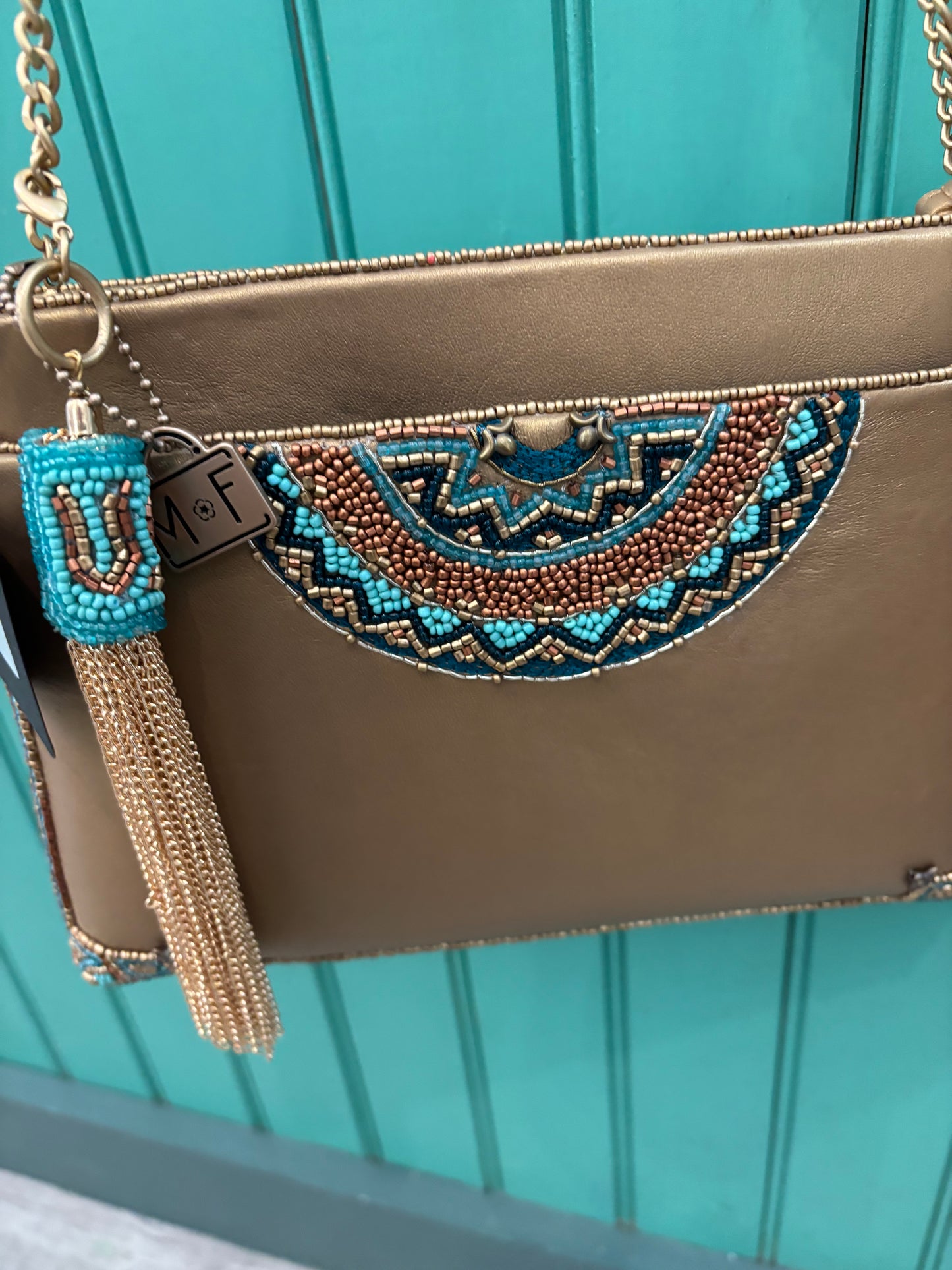 "New Day" Beaded Leather Mosaic Crossbody Clutch Handbag