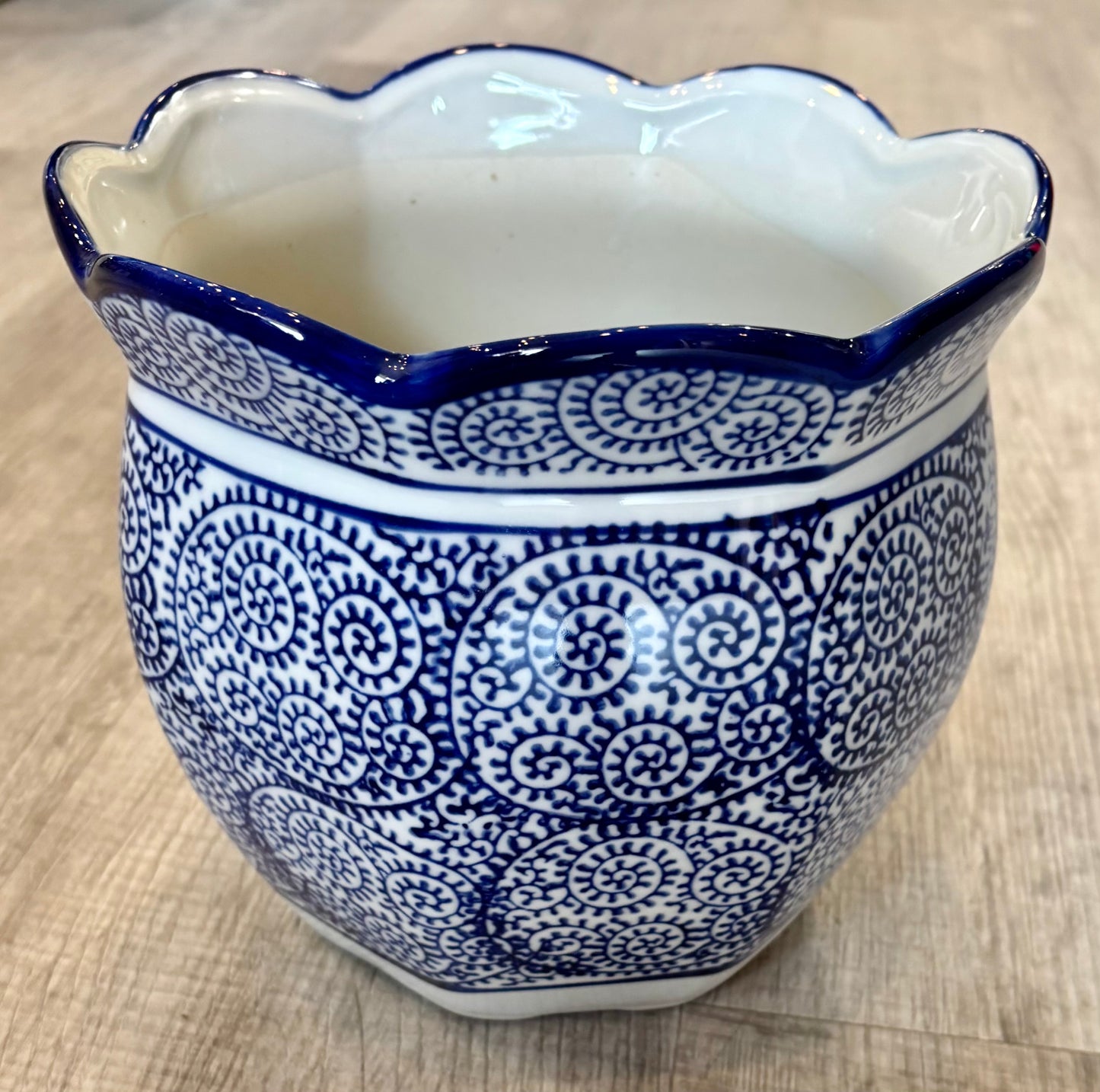 Blue and White Scallop Edge Ceramic Planter