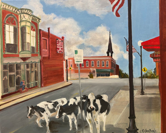 "Cows on the Town", Original Oil Painting by Connie Estes Beale