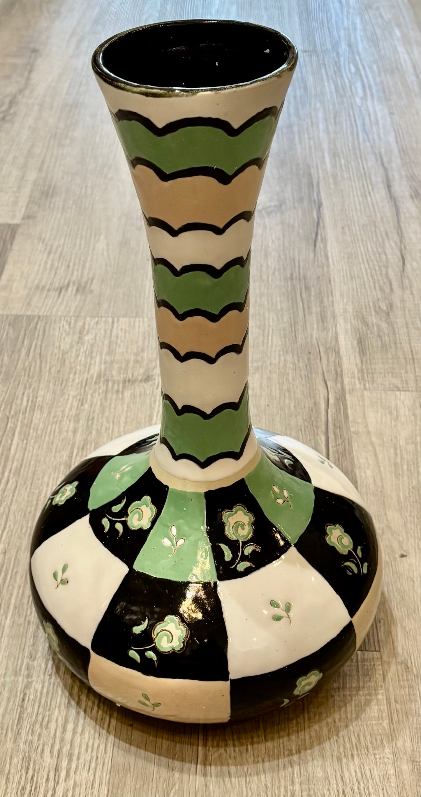 Black, White, and Green Vase, 16.5"