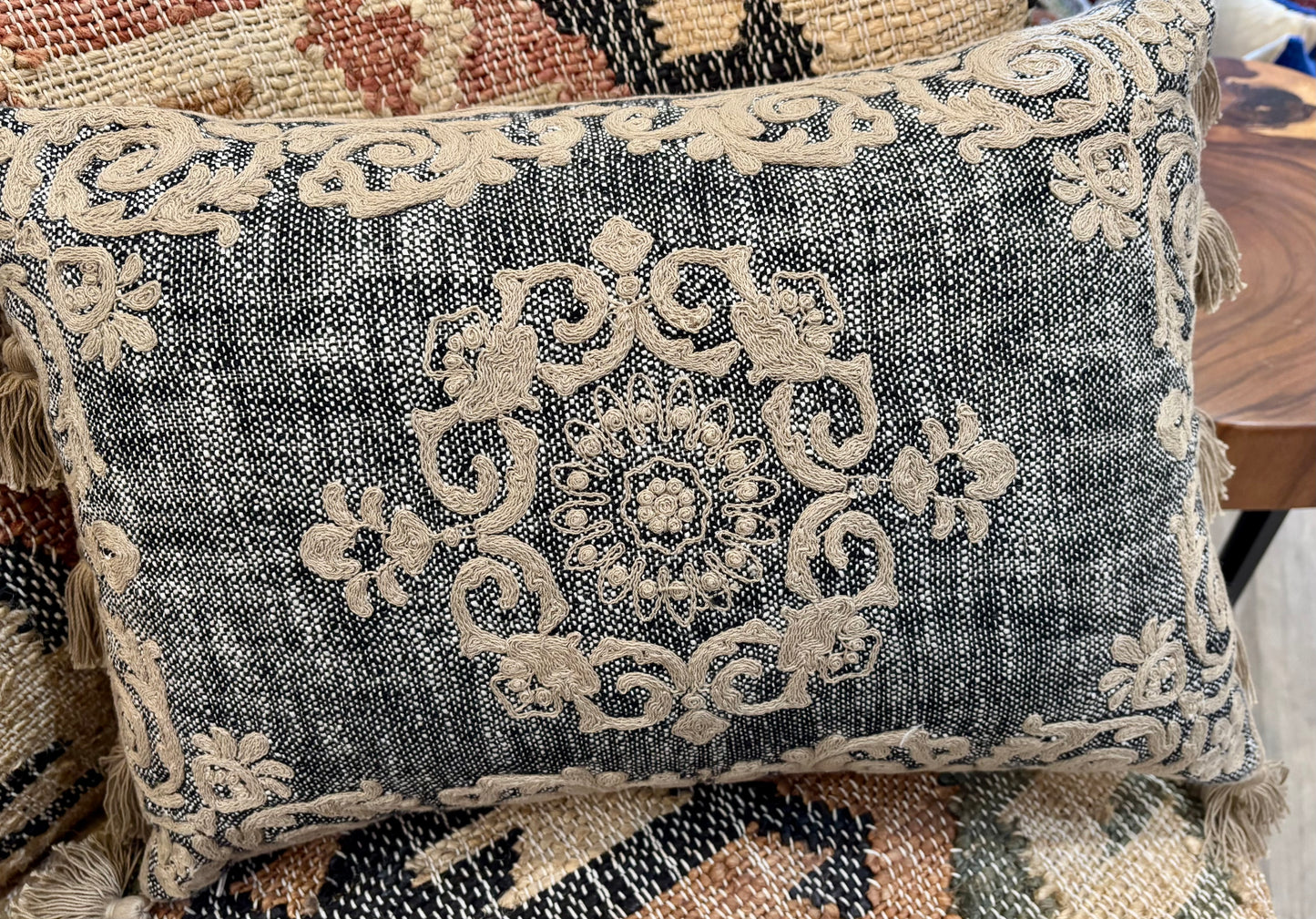Black and Natural Medallion Pillow with fill