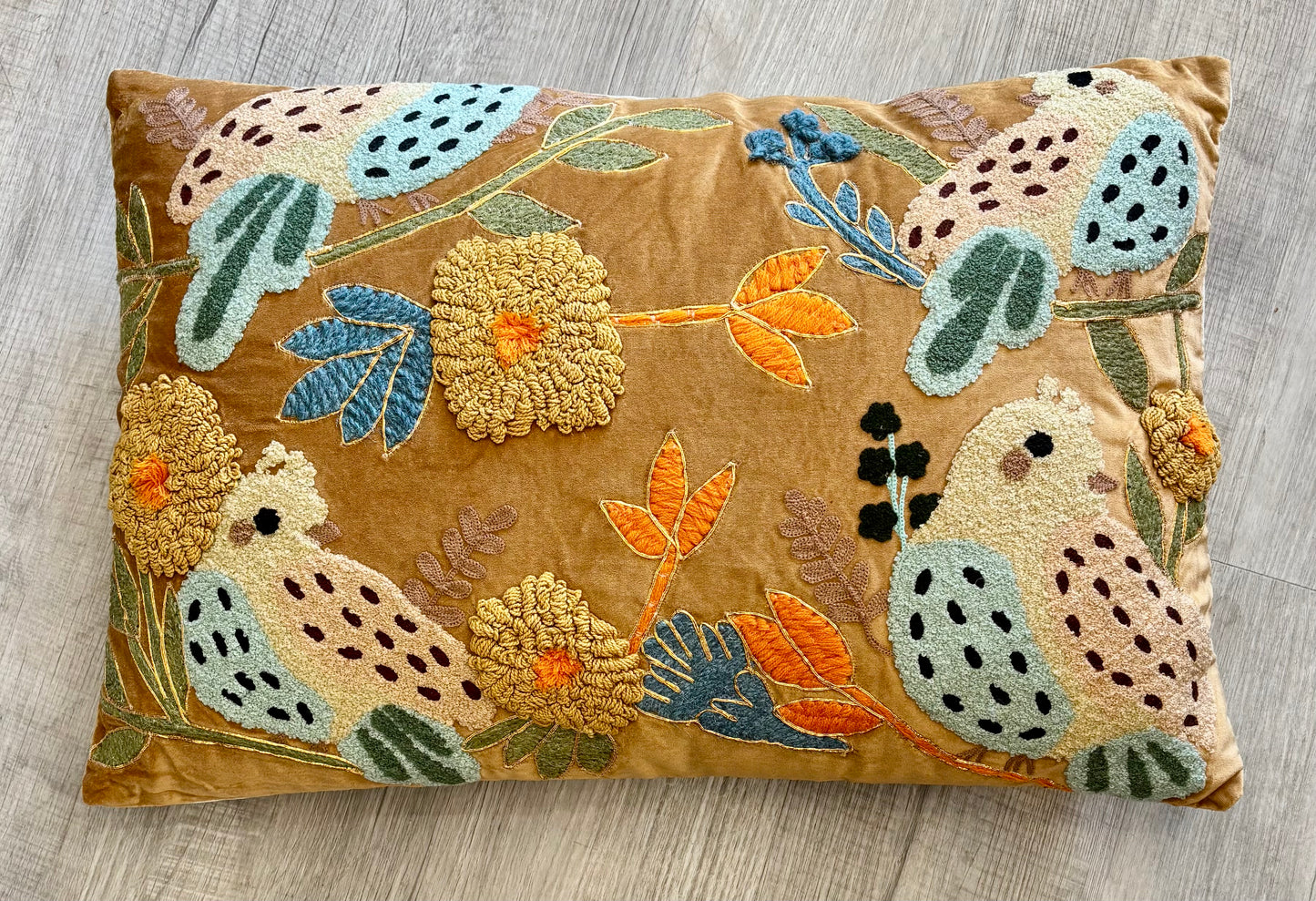 Embroidered Pillow with Birds, Caramel Background