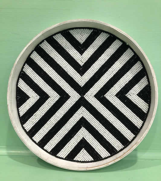 Tray, White Wicker Frame with Black and White Beaded Bottom, Small