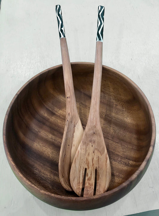 Wood Salad Servers with Black and White Bone Detail