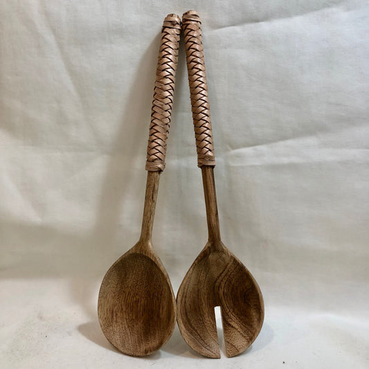 Salad Servers Wood w/Leather Wrapped Handles