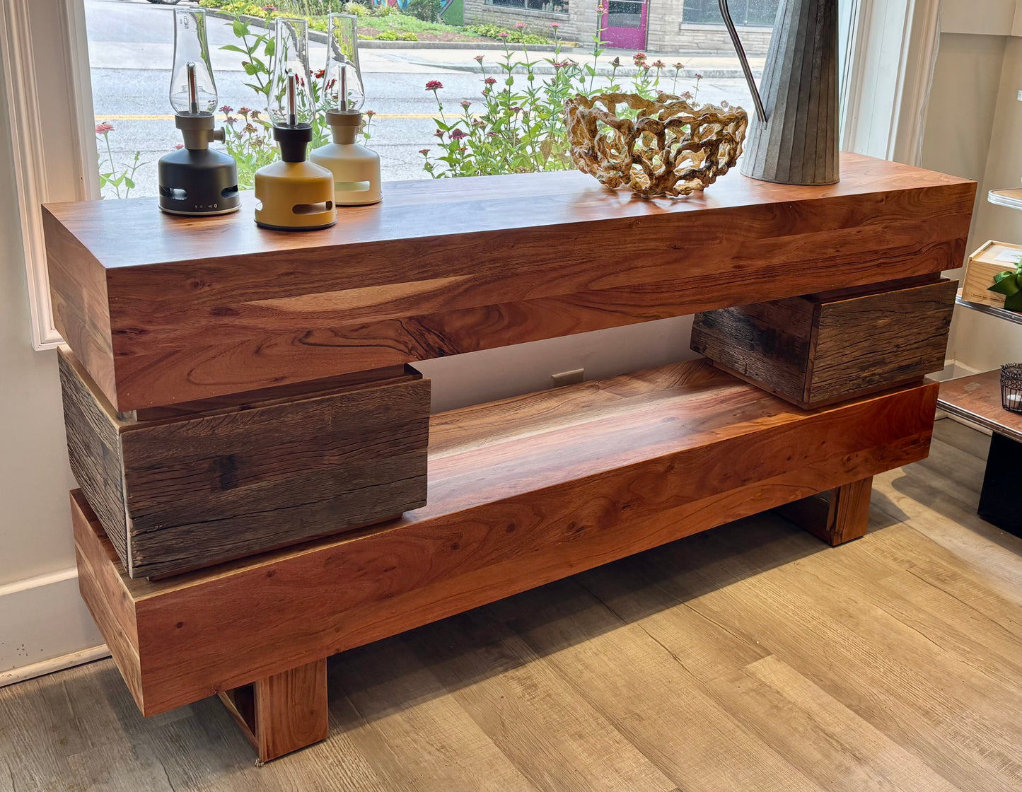 Recycled and Acacia Wood Console Table with Two Drawers