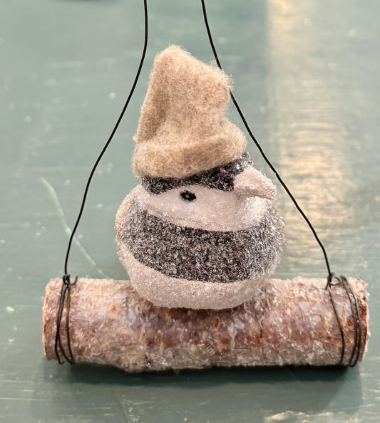 Winter Bird on Log Ornament