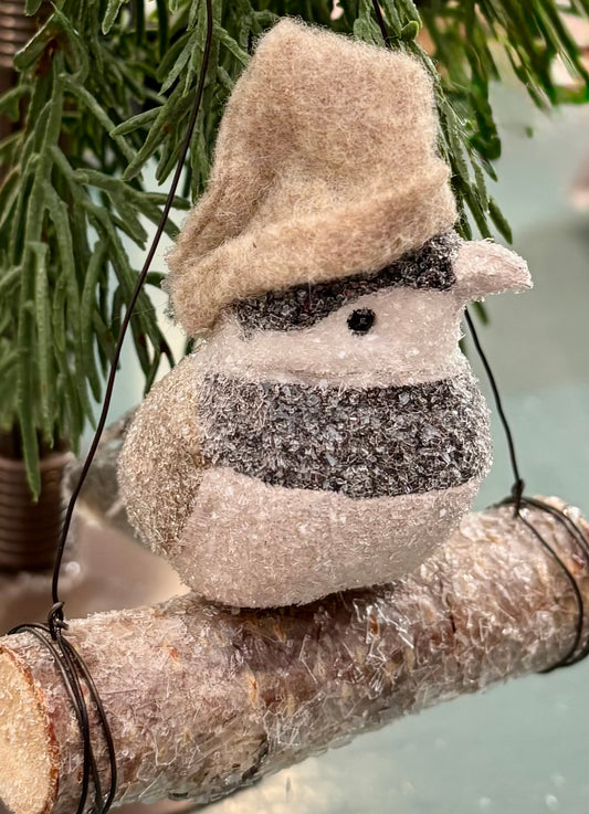 Winter Bird on Log Ornament