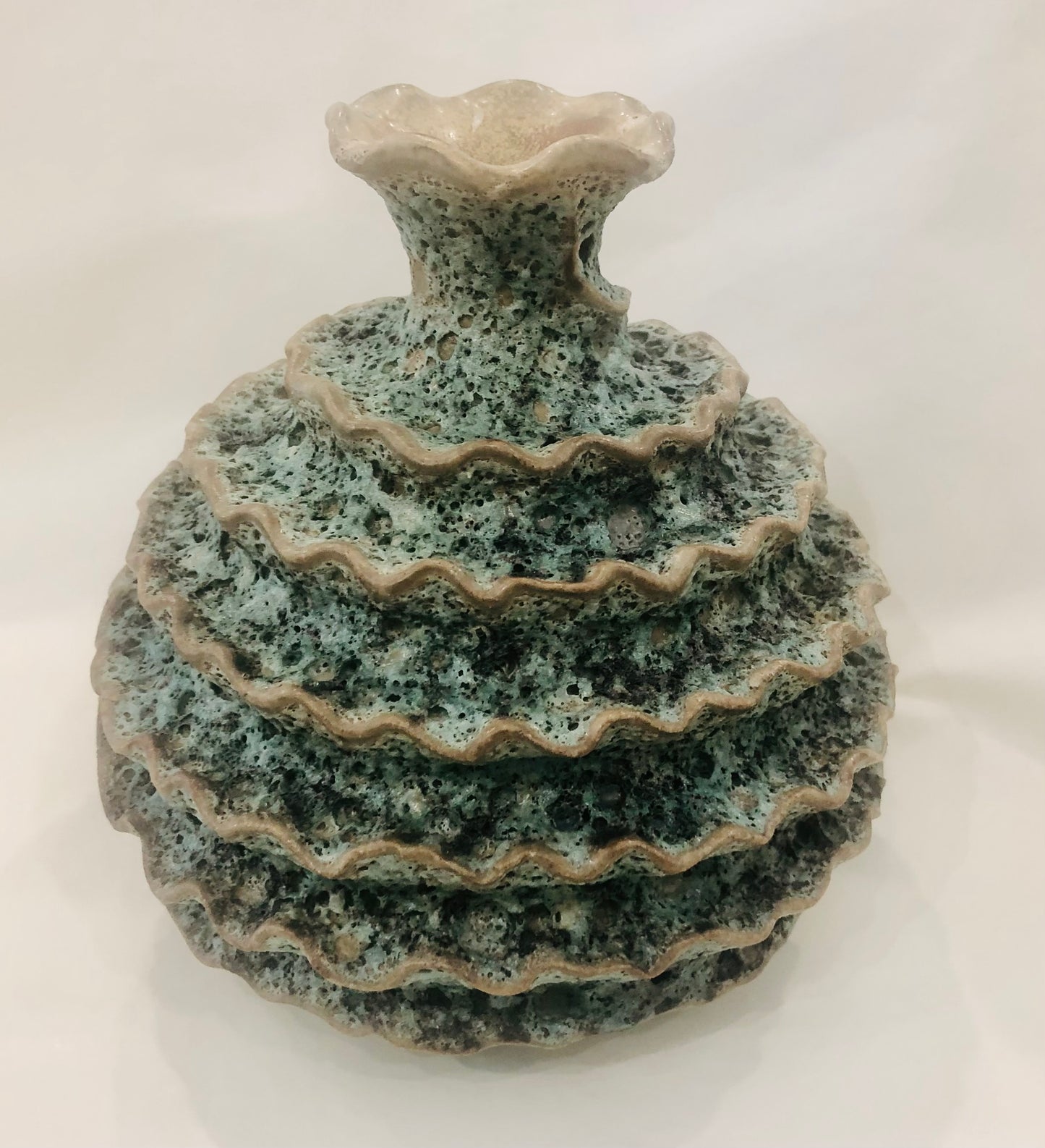 Large Moss Green Porcelain Ruffle Top Vase