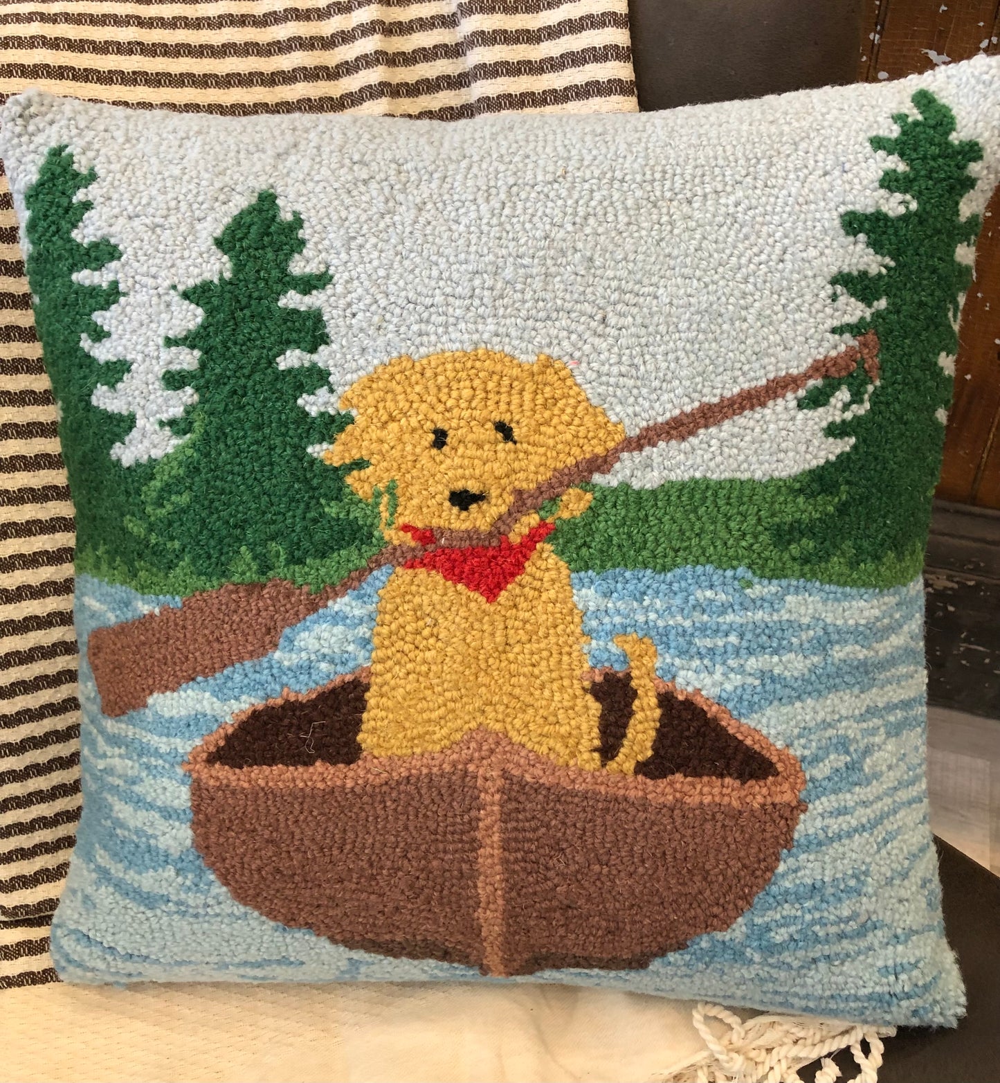 Golden Lab Canoeing Hooked Pillow