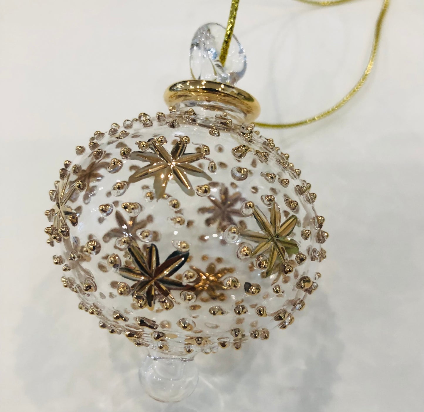 Blown Glass Ornament with Gold Stars and Dots