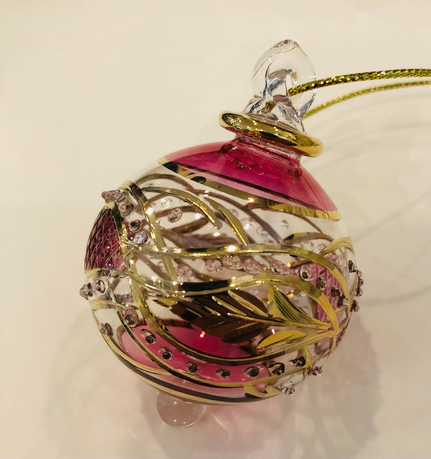 Blown Glass Ornament with Gold Garland and Red