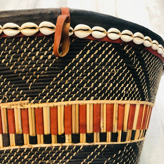 Large Mossi Basket with Cowrie Shells and Leather Decoration