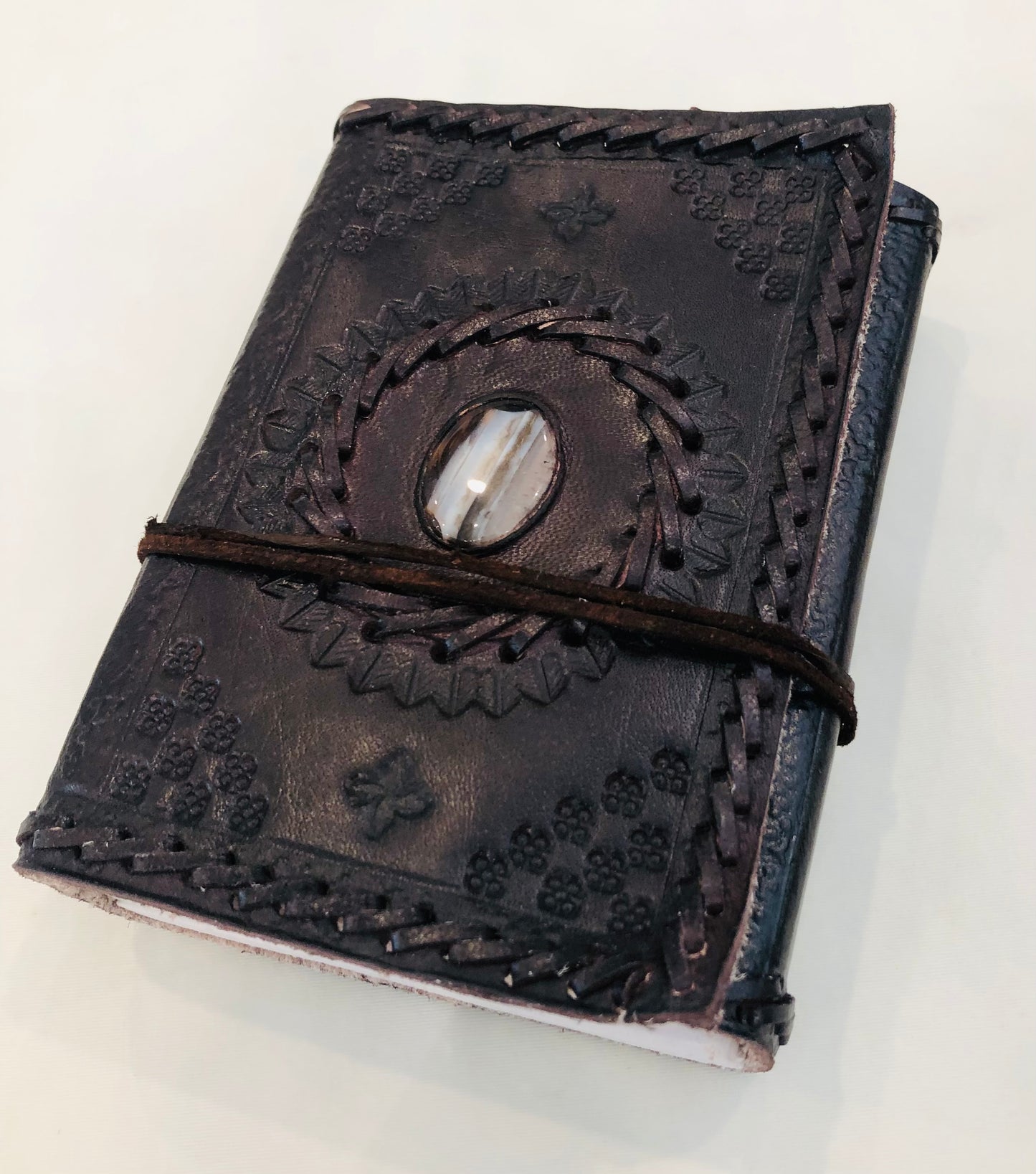Handcrafted Stitched Leather Journal with Embossed Stone
