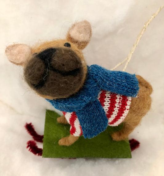 Brown Felted Dog Ornament with Sled