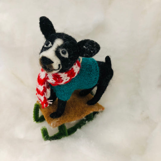 Black Felted Dog Ornament with Sled