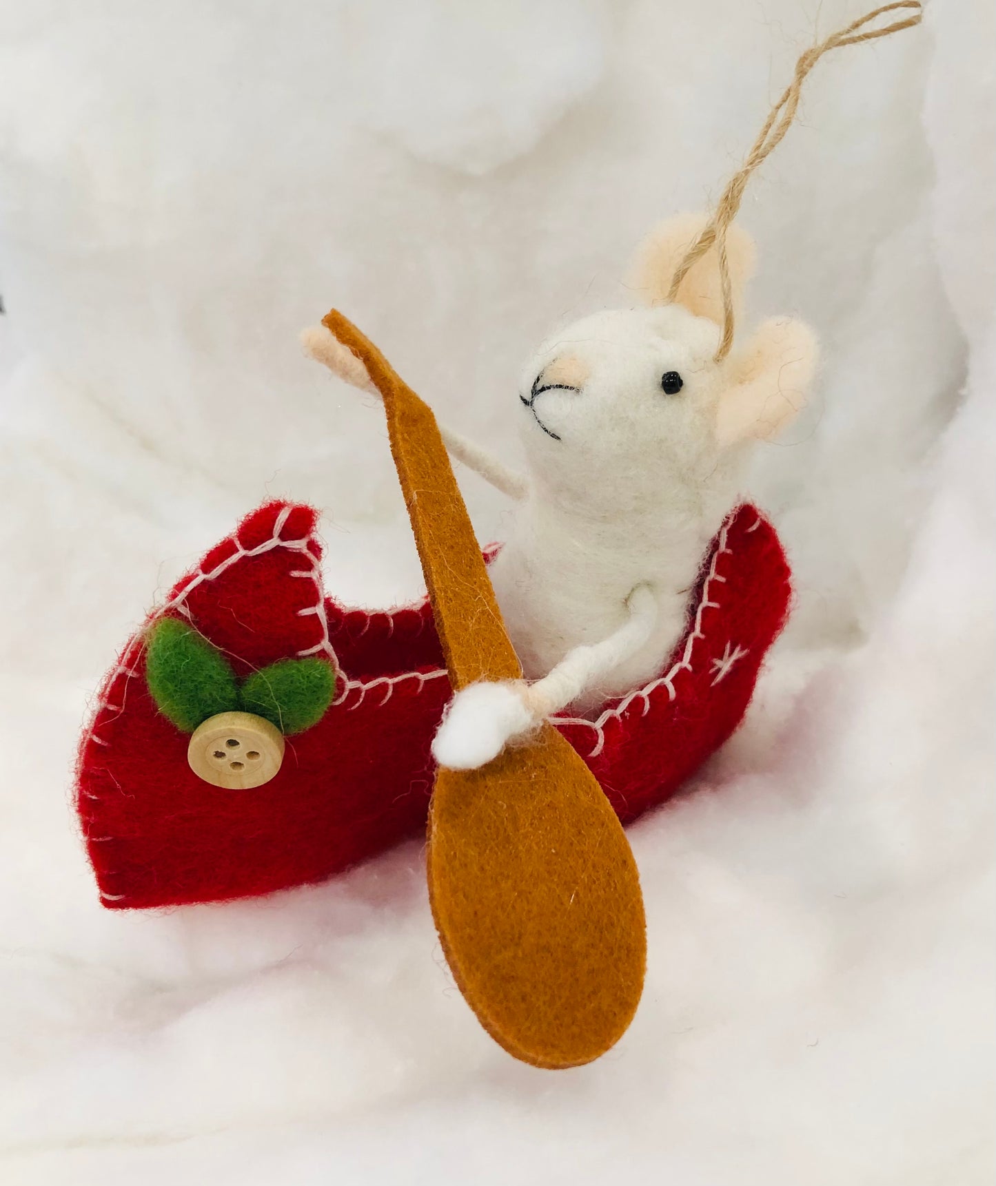 Felted Mouse Paddling Canoe Ornament