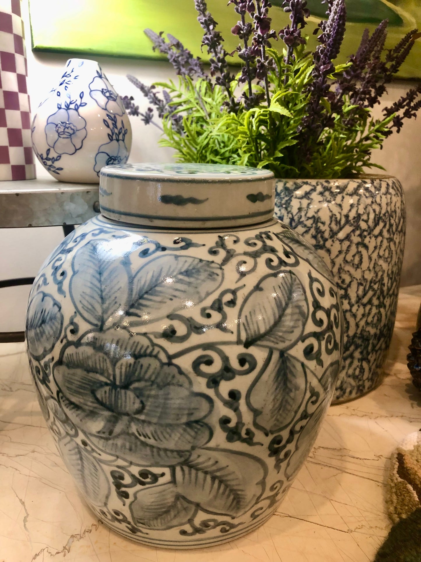 Jar, Porcelain Rose Blue and White, w/Lid