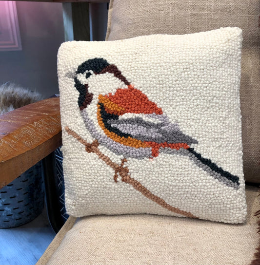 Chickadee Hooked Pillow